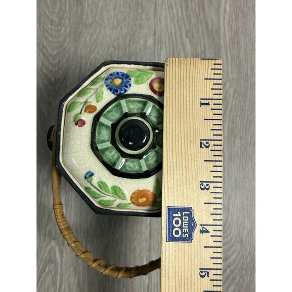 Vintage Porcelain Jar W/ Lid & Wicker Rattan Handle Floral Tea Caddy - Picture 13 of 13